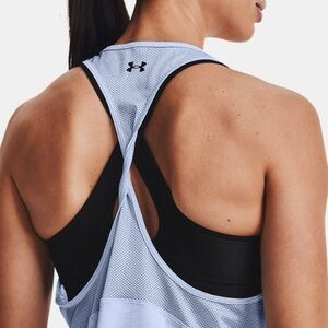 Under Armour Twisted Racer back DRI Fit Heat Gear blue Tank S front & back Logo